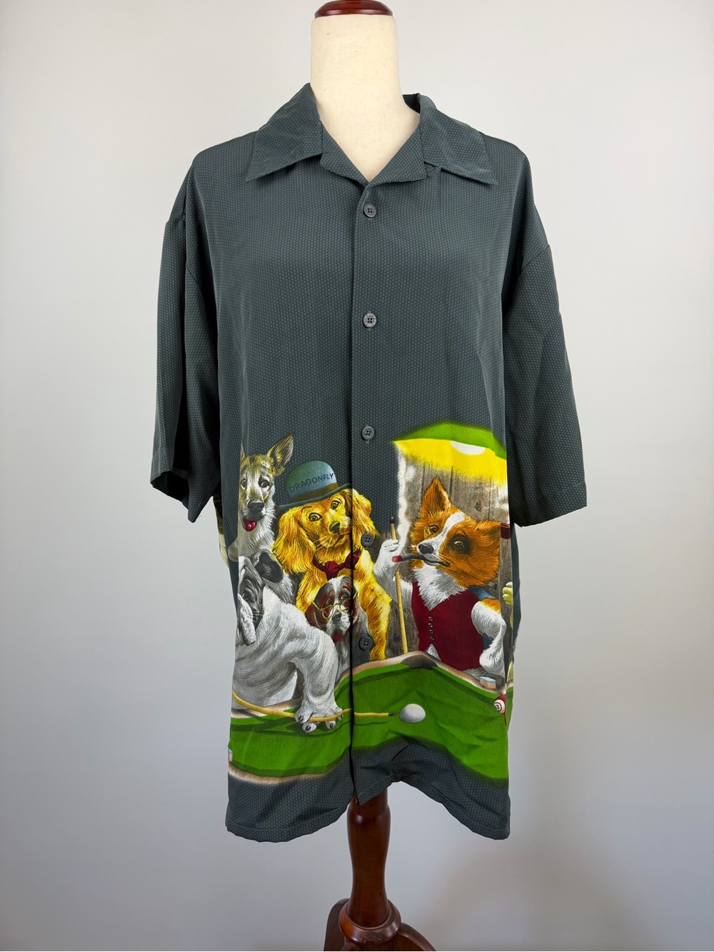 Dragonfly Clothing Dark Green Short-Sleeve Button Shirt with Dog Pool Graphic